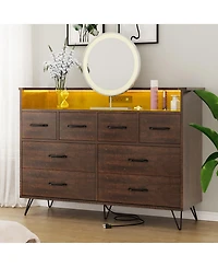 gaomon 8 Drawer Dresser with Led Lights, Charging Station and Open Shelf for Bedroom