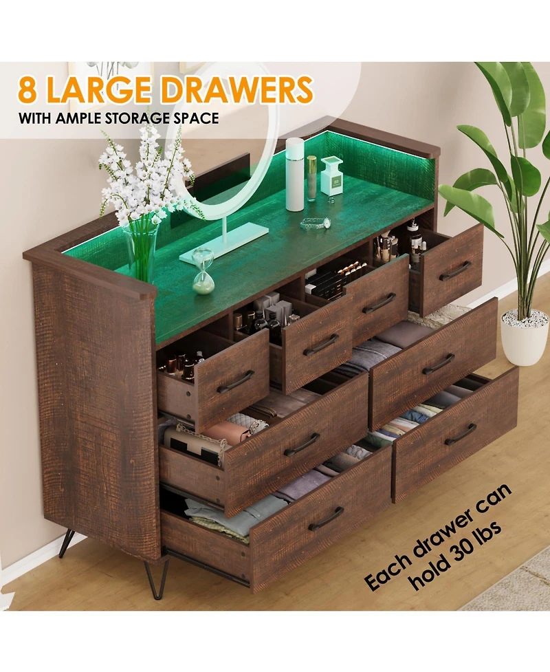 gaomon 8 Drawer Dresser with Led Lights, Charging Station and Open Shelf for Bedroom