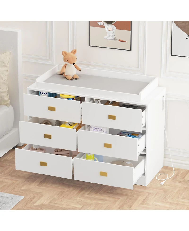 gaomon 6 Drawer Baby Changing Table Dresser with Power Outlets, Pad and Removable Top