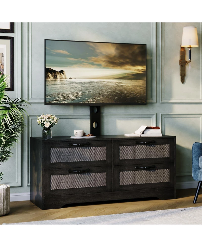 gaomon Rattan TV Stand with Mount for Tvs up to 70", Farmhouse Media Console 4 Drawers and Adjustable Bracket
