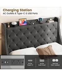 gaomon Upholstered Bed Frame with 4 Storage Drawers, Wingback Headboard and Charging Station
