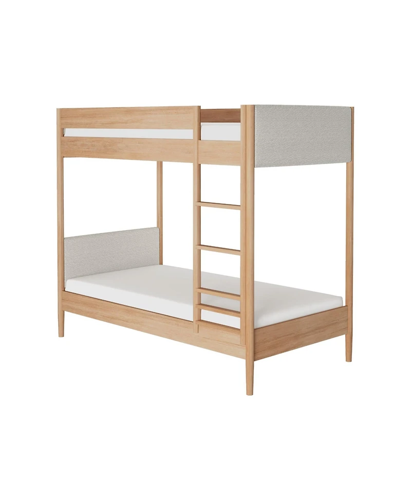 Max & Lily Harbor Twin Over Wood Bunk Bed with Upholstered Headboard, Blonde/Swiss Coffee