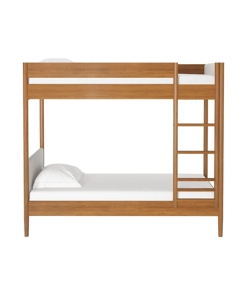 Max & Lily Harbor Twin Over Wood Bunk Bed with Upholstered Headboard, Blonde/Swiss Coffee