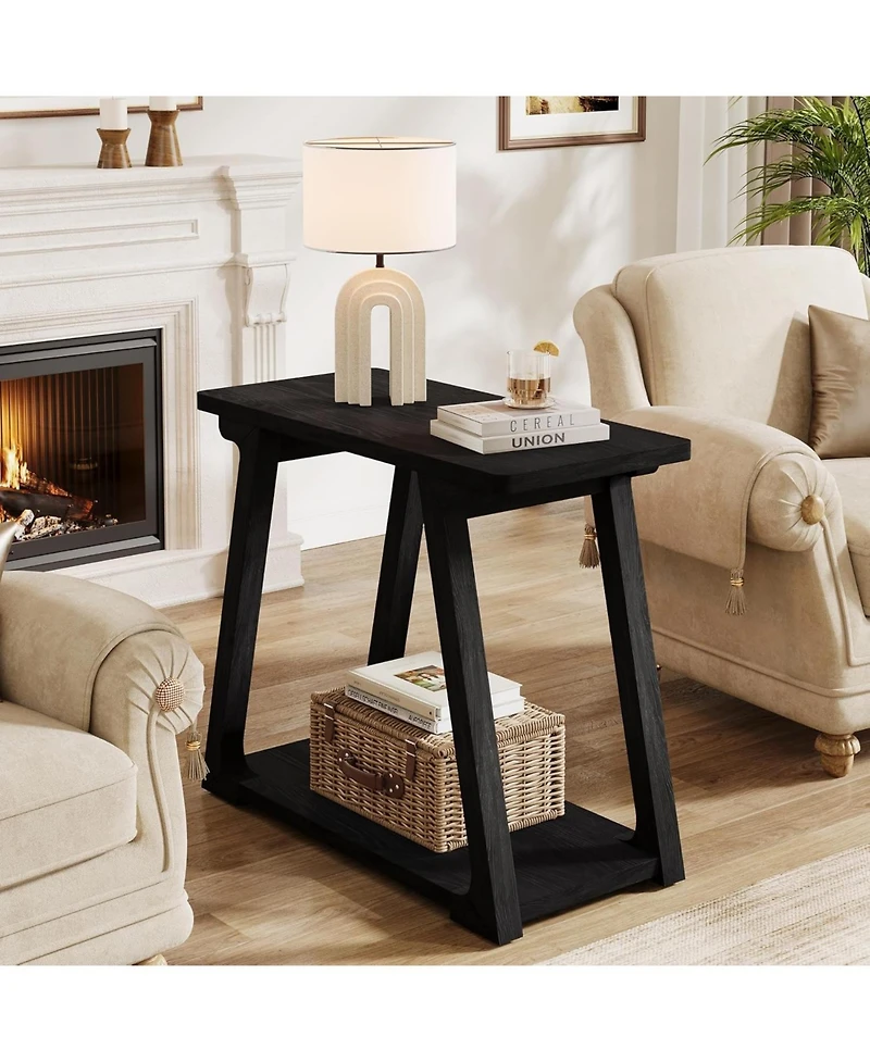Tribesigns 2-Tier Solid Wood End Table, Narrow Side Rectangle Farmhouse Nightstand for Living Room, Bedroom, Easy Assembly