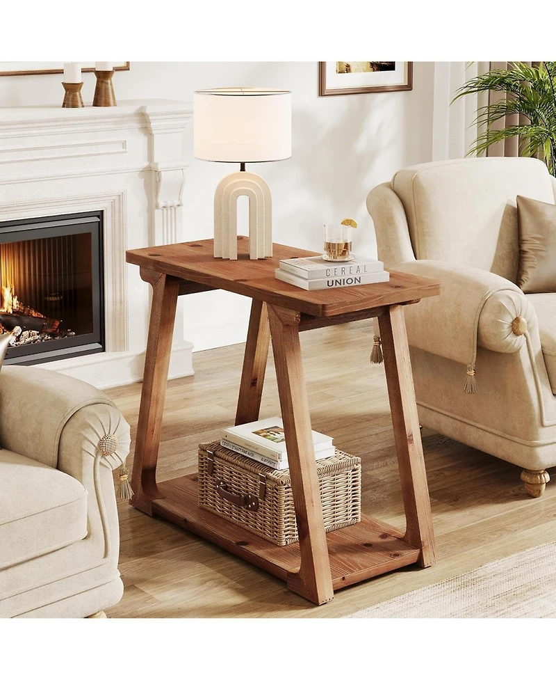 Tribesigns 2-Tier Solid Wood End Table, Narrow Side Table, Rectangle Farmhouse Nightstand for Living Room, Bedroom, Easy Assembly