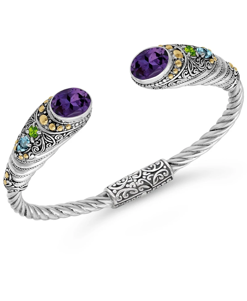 Devata Amethyst, Peridot, Blue Topaz and Filigree Cuff Bracelet Sterling Silver 18K Gold Accents