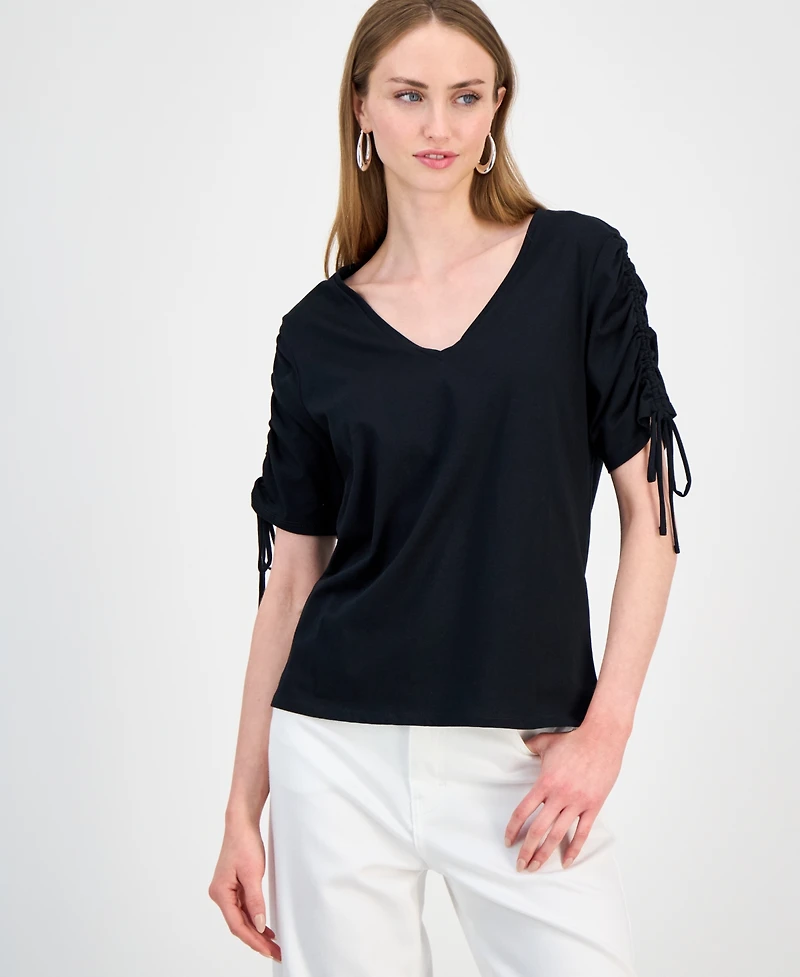 I.n.c. International Concepts Women's Ruched-Sleeve V-Neck Cotton T-Shirt, Macy's Exclusive