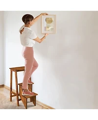 Gouun 30 in. Folding 3-Tier Rubber Wood Step Ladder with Storage Shelf Function