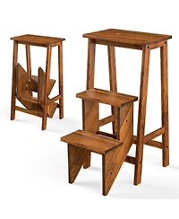 Gouun 30 in. Folding 3-Tier Rubber Wood Step Ladder with Storage Shelf Function