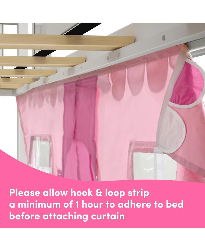 Max & Lily Low Twin over Bunk With Stairs, Easy Slide and Light Pink White Farmhouse Curtain
