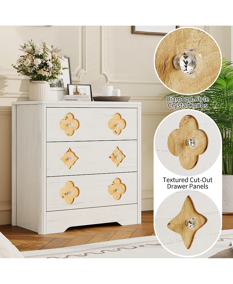 gaomon 30.4" Tall 3 Drawer Wood Dresser with Decorative Fronts and Crystal Knobs, Bedroom Storage Chest