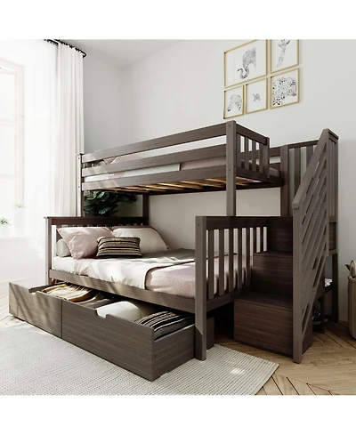 Max and Lily Twin Over Full Staircase Bunk With Storage Drawers, Pecan