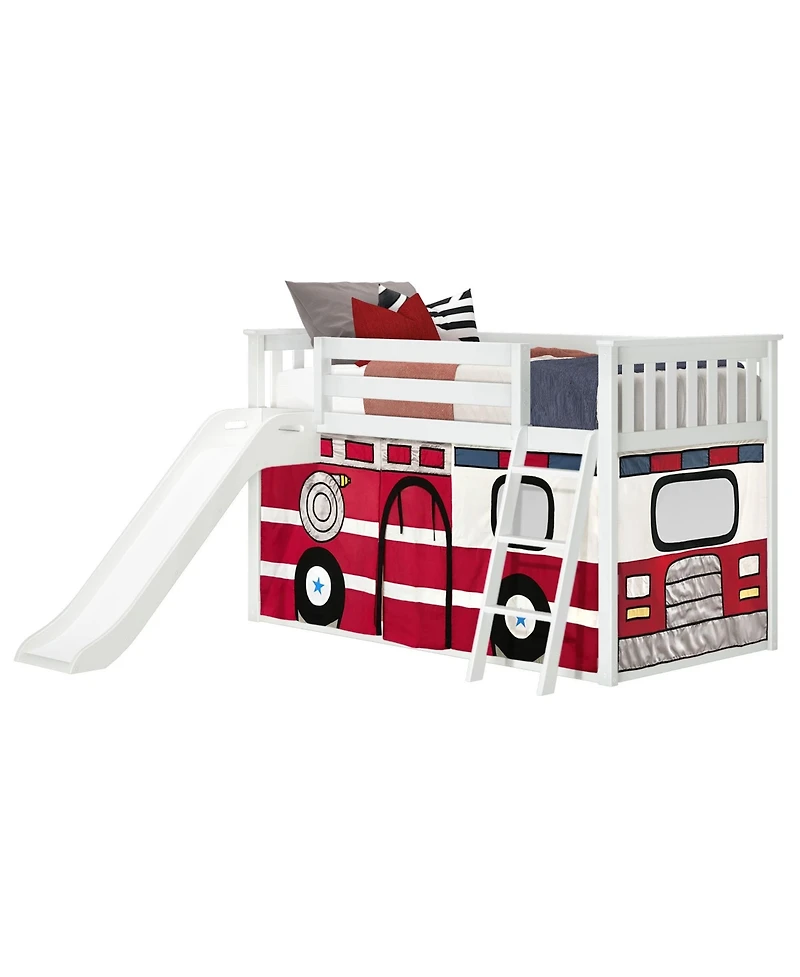 Max and Lily Low Bunk With Easy Slide Firetruck Curtain