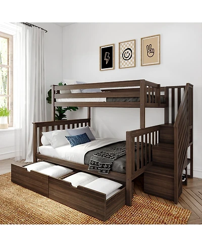 Max and Lily Twin Over Full Staircase Bunk With Storage Drawers, Pecan