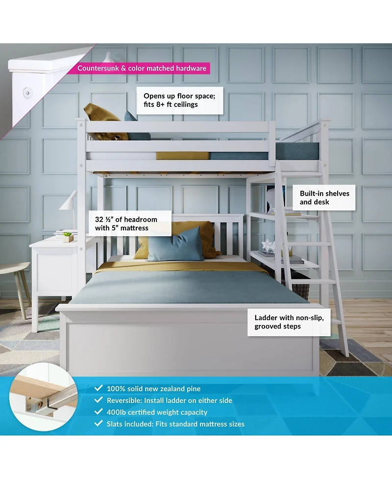 Max and Lily L-Shaped Twin over Full Bunk Bed with Bookcase Desk, Clay
