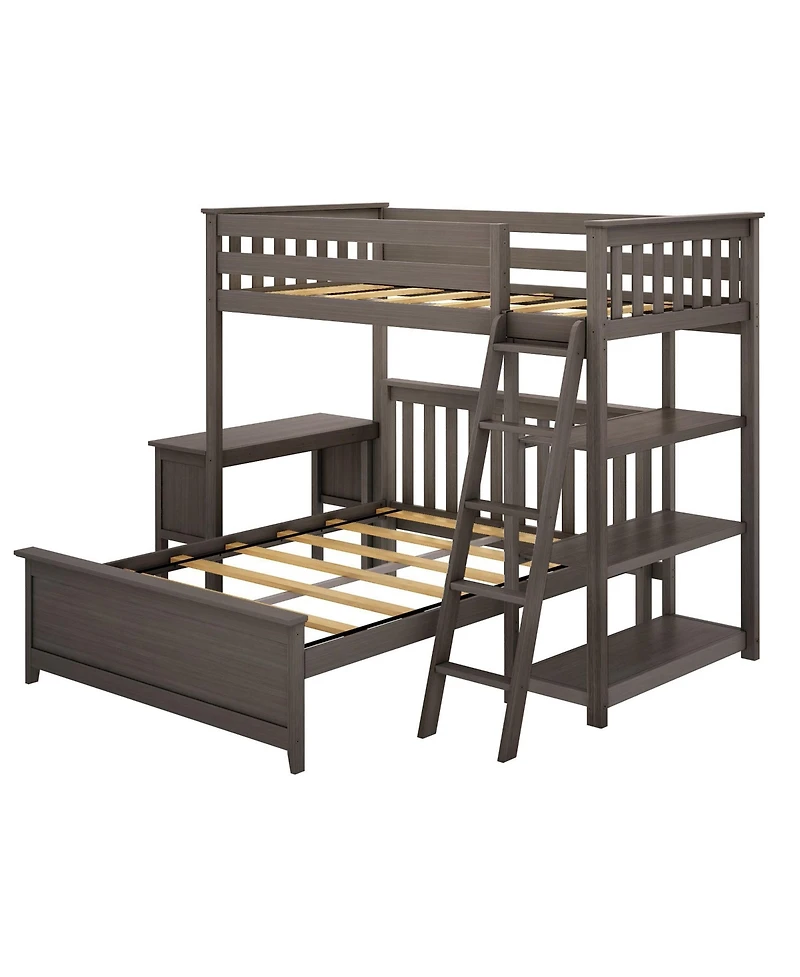 Max and Lily L-Shaped Twin over Full Bunk Bed with Bookcase Desk, Clay
