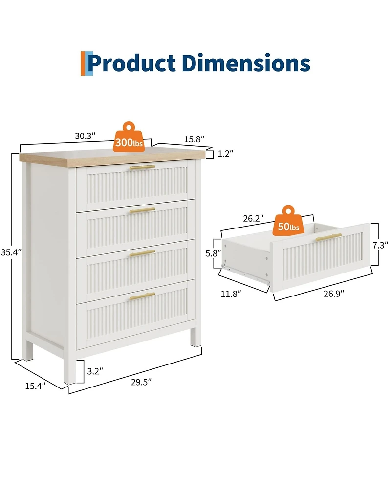 gaomon Fluted 4 Drawer Dresser for Bedroom, Rattan Chest of Dressers, Tall Dresser for Closet with Drawers