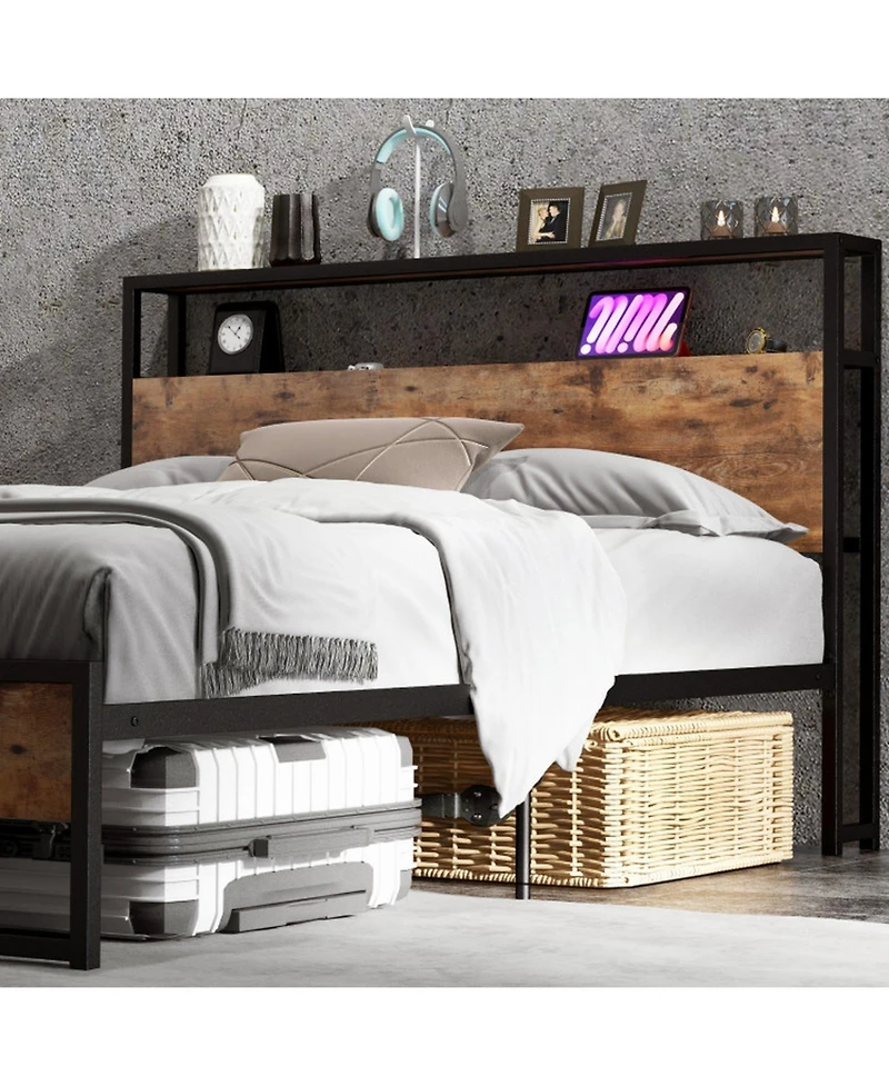 Gouun Full Size Bed Frame with Charging Station, 2 Headboard Shelves and Pull-Out Drawers