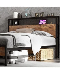 Gouun Full Size Bed Frame with Charging Station, 2 Headboard Shelves and Pull-Out Drawers