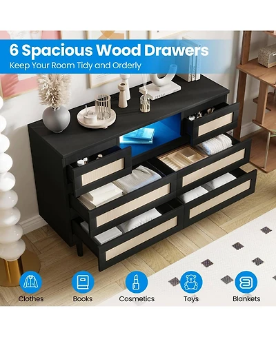 gaomon 6 Drawer Rattan Dresser with Led Lights and Charging Station, Modern Double Chest