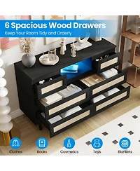 gaomon 6 Drawer Rattan Dresser with Led Lights and Charging Station, Modern Double Chest