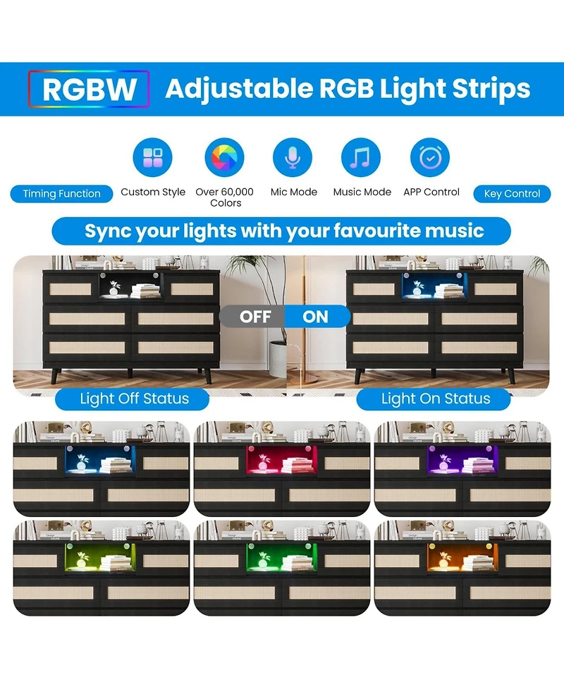 gaomon 6 Drawer Rattan Dresser with Led Lights and Charging Station, Modern Double Chest