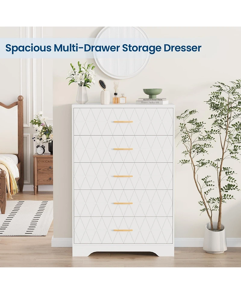 gaomon 5 Drawer Dresser for Bedroom with Gold Handles, Tall Wood Chest Storage Cabinet Organizer