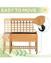 Outdoor Wooden Elevated Plant Bed w/ Shelves for Tool Storage & Wheels