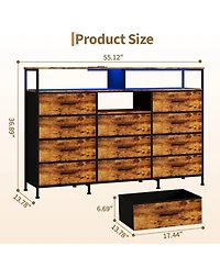 gaomon 11 Drawer Fabric Dresser with Led Lights and Power Outlet, Storage Cabinet Open Shelves