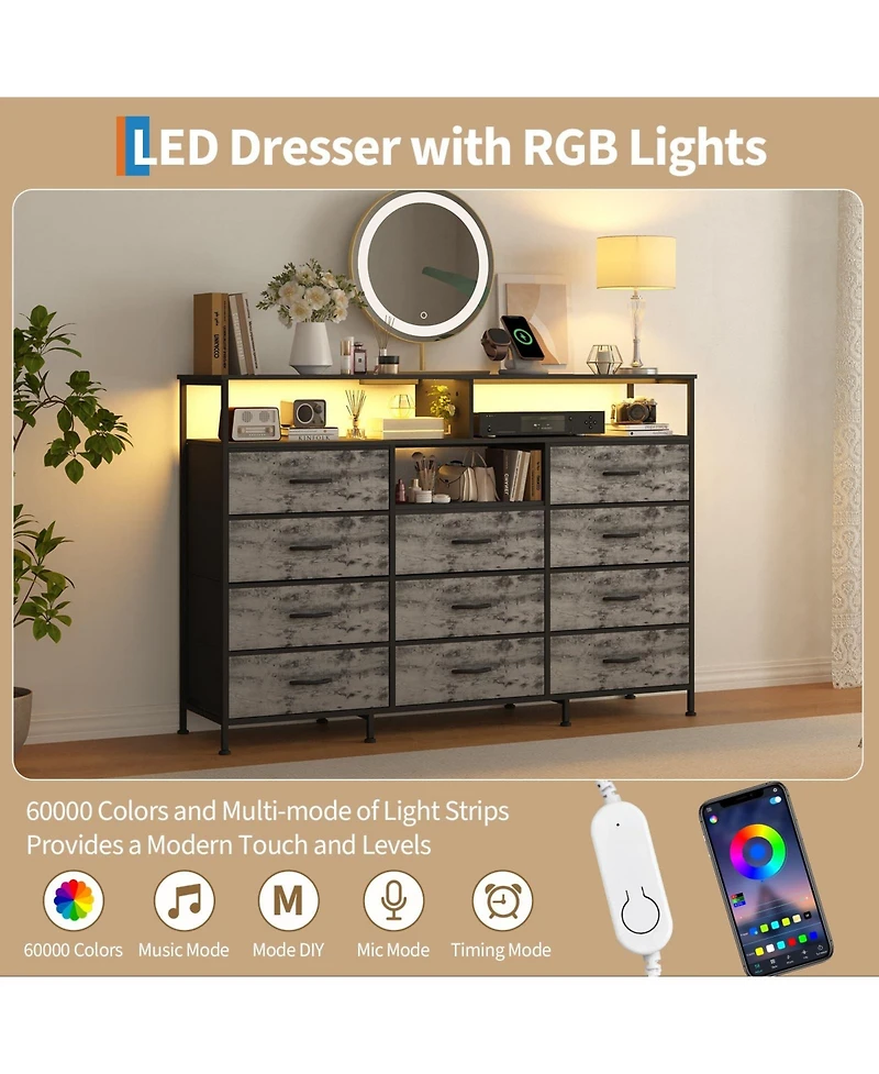 gaomon 11 Drawer Fabric Dresser with Led Lights and Power Outlet, Storage Cabinet Open Shelves