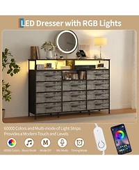gaomon 11 Drawer Fabric Dresser with Led Lights and Power Outlet, Storage Cabinet Open Shelves