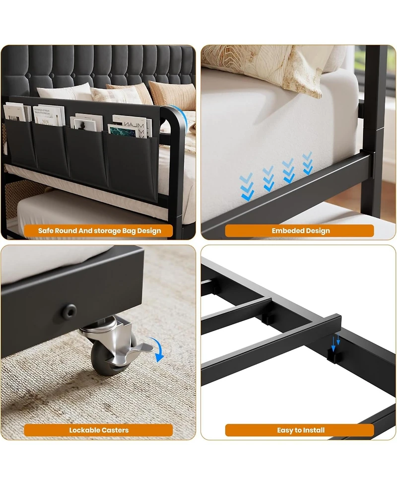 gaomon Twin Bed Frame Daybed with Trundle - Led Light and Charging Station, Upholstered Sofa Storage Headboard