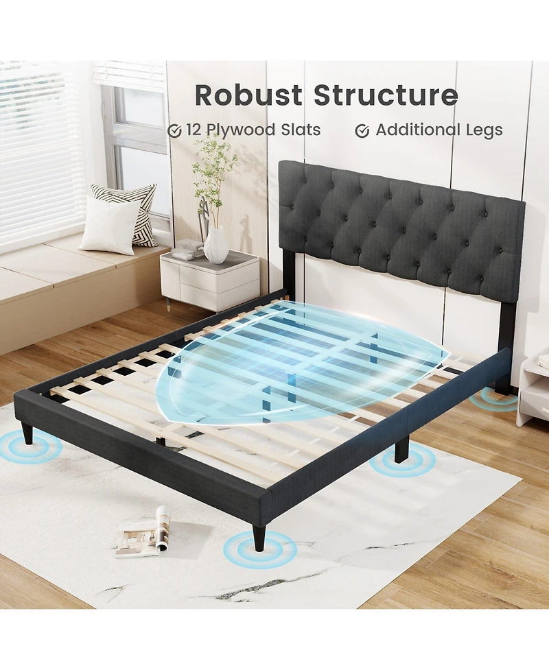 Slickblue Platform Bed Frame with Upholstered Tufted Headboard and Slats