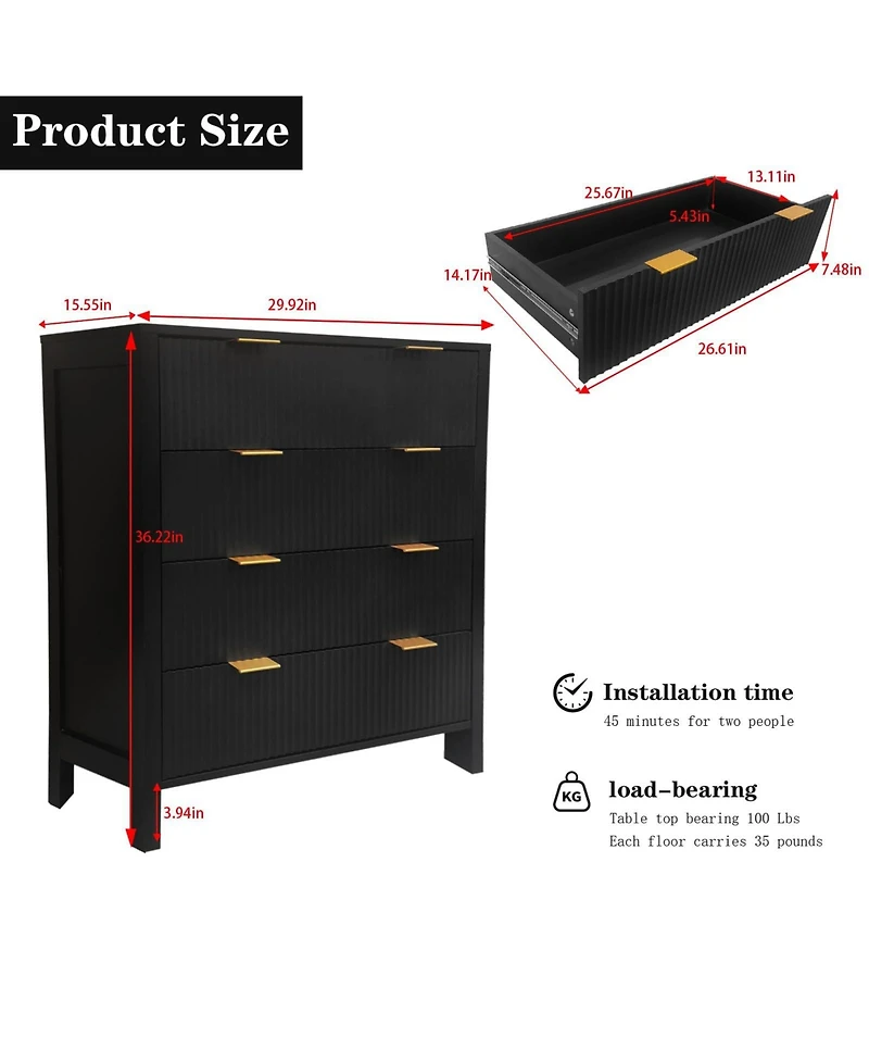 gaomon 4 Drawer Fluted Dresser for Bedroom, Modern Wood Chest with Gold Handles, Narrow Storage Cabinet or Tv Stand
