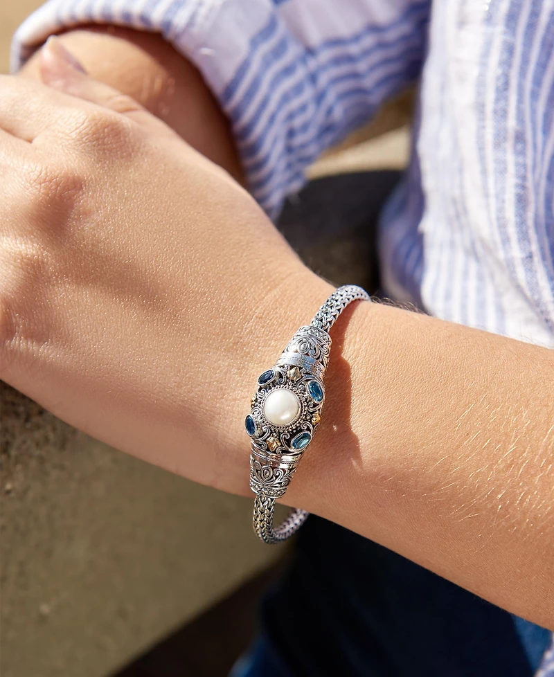 Devata Garnet, Freshwater Cultured Pearl and Filigree with Dragon Bone Chain Bracelet Sterling Silver 18K Gold Accents