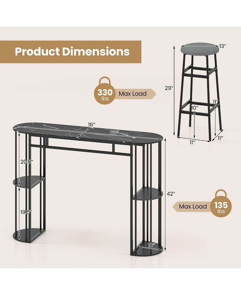 Gymax 3 Pieces 60'' Bar Table Set for 2 w/ Faux Marble Tabletop and Storage Shelves