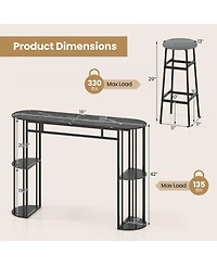 Gymax 3 Pieces 60'' Bar Table Set for 2 w/ Faux Marble Tabletop and Storage Shelves