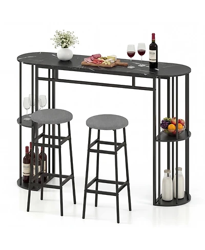 Gymax 3 Pieces 60'' Bar Table Set for 2 w/ Faux Marble Tabletop and Storage Shelves