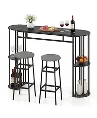 Gymax 3 Pieces 60'' Bar Table Set for 2 w/ Faux Marble Tabletop and Storage Shelves