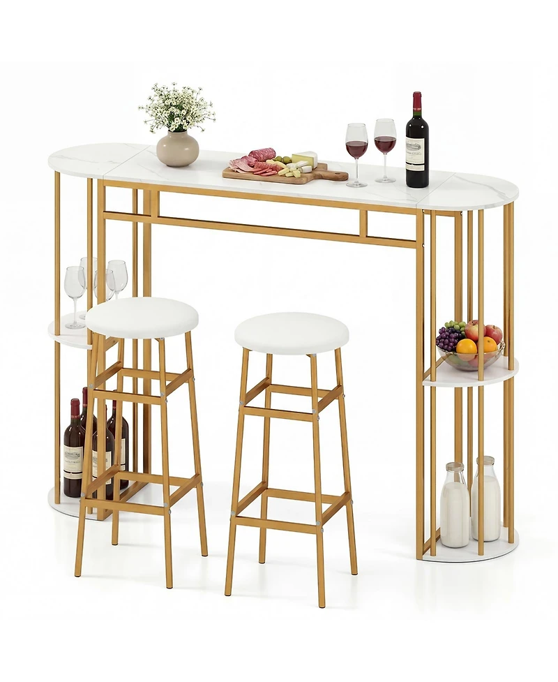 Gymax 3 Pieces 60'' Bar Table Set for 2 w/ Faux Marble Tabletop and Storage Shelves