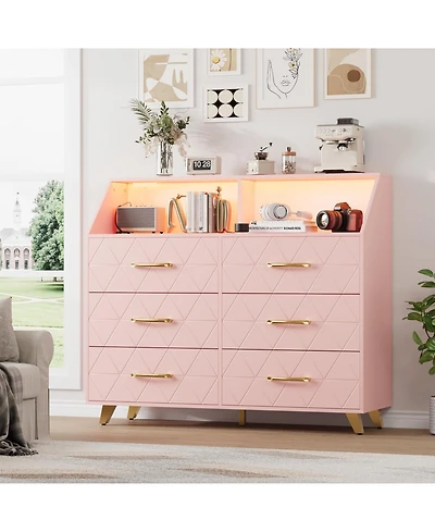 gaomon 6 Drawer Dresser with Charging Station, Shelf and Led Light, 47 inches Modern Wooden Chest