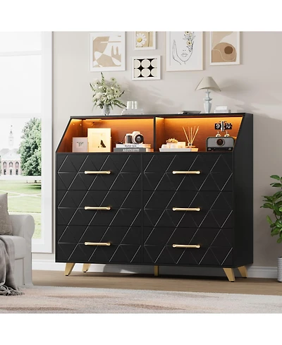 gaomon 6 Drawer Dresser with Charging Station, Shelf and Led Light, 47 inches Modern Wooden Chest