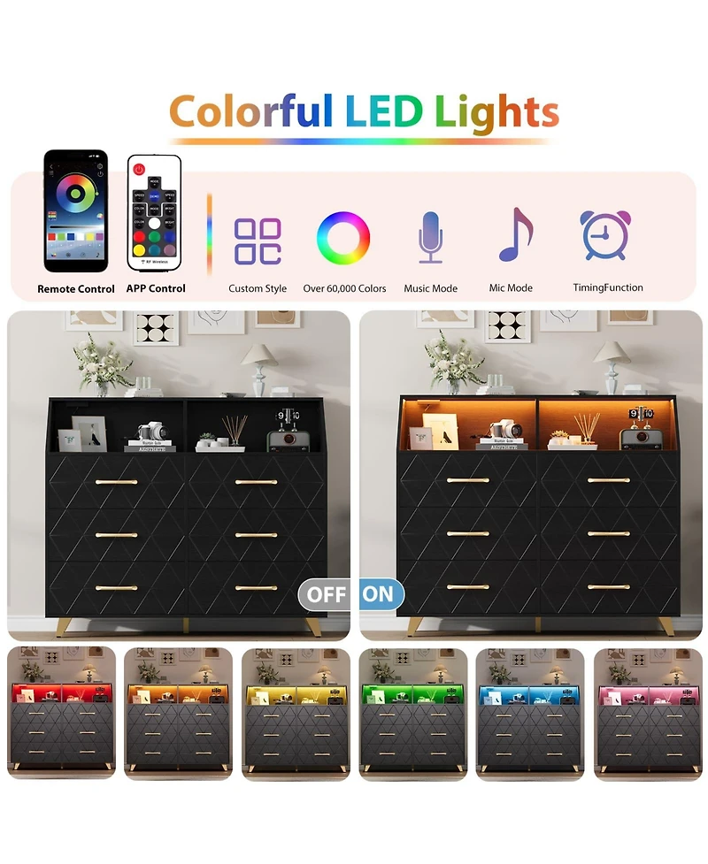 gaomon 6 Drawer Dresser with Charging Station, Shelf and Led Light, 47 inches Modern Wooden Chest