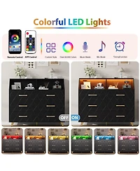 gaomon 6 Drawer Dresser with Charging Station, Shelf and Led Light, 47 inches Modern Wooden Chest