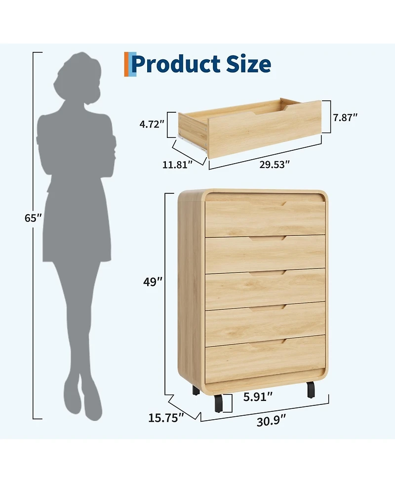 gaomon 48" Tall 5 Drawer Wood Dresser with Handleless and Detachable Legs, Modern Storage Chest