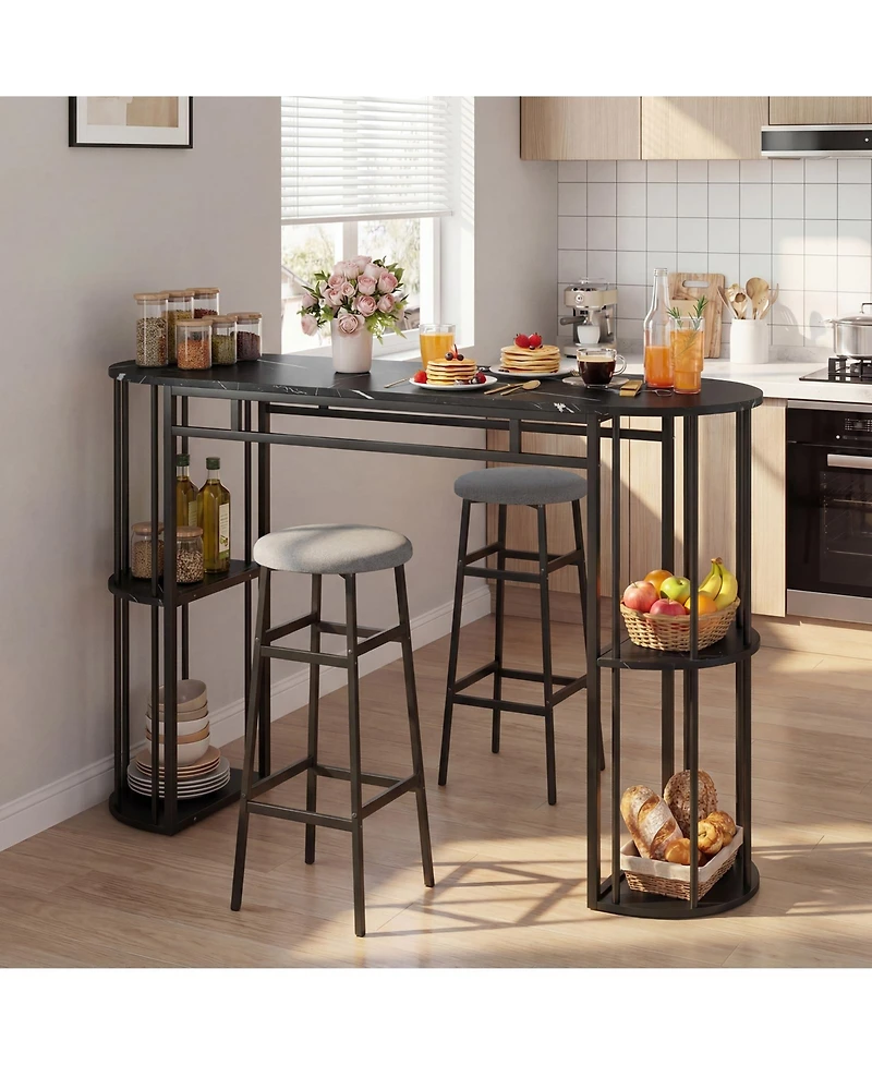 Slickblue Dining Table with 2 Barstools, 60 Inch Faux Marble Top and Upholstered Seats