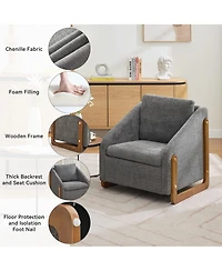 Rainsken Modern Accent Chair, Chenille Fabric Upholstered Armchair with Wooden Side Frame and Golden Nailhead Trim for Living Room, Set of 1