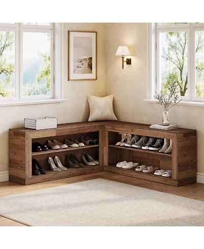 Tribesigns L-Shaped Corner Shoe Bench, 2-Piece Modular Wooden Nook Bench with Open Storage Shelves