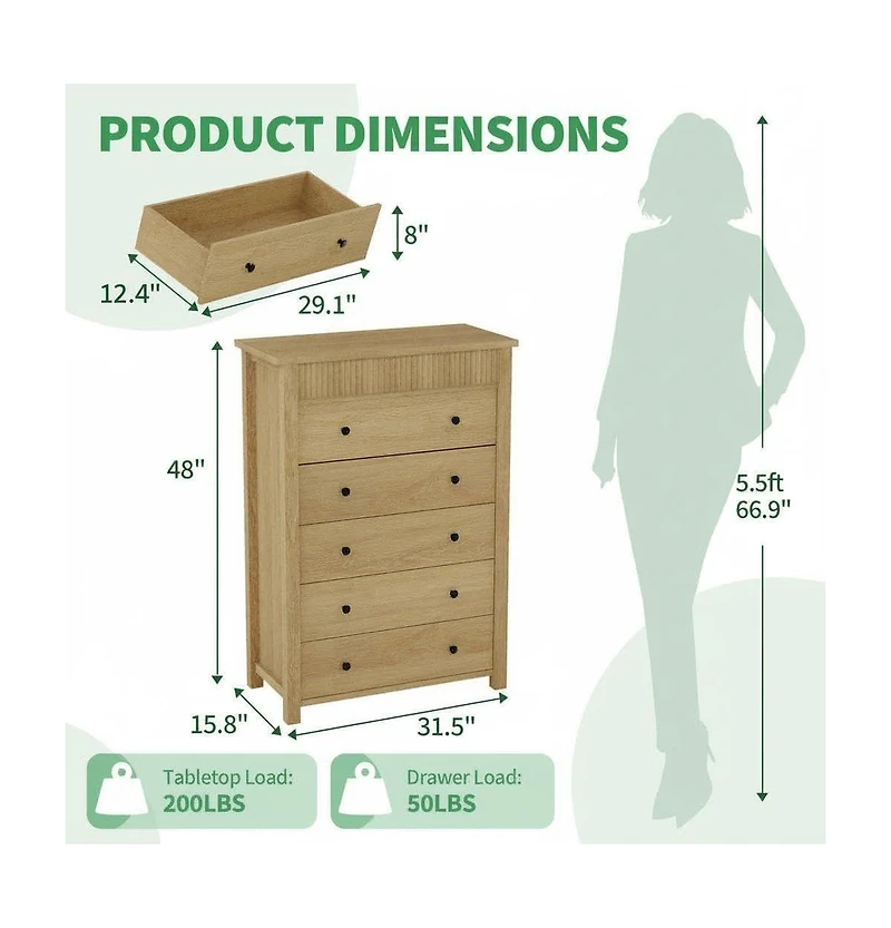 gaomon Modern Fluted 5 Drawer Tall Dresser, 31.5" Wide Wooden Storage Chest for Bedroom