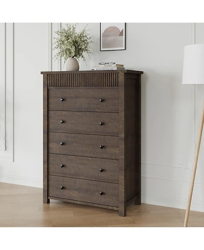 gaomon Modern Fluted 5 Drawer Tall Dresser, 31.5" Wide Wooden Storage Chest for Bedroom